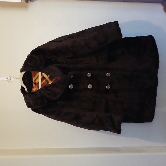 Vintage Carol Brent Faux Fur Pea Coat Gold Buttons Funky Printed Lining Size 2X - Picture 6 of 14
